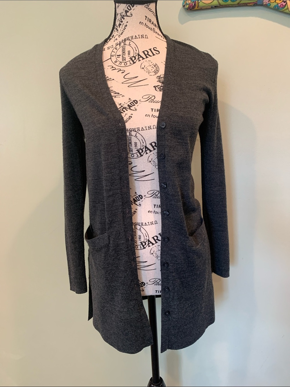 LOFT Women’s XXS Petite Charcoal Gray Longline Button Up V-Neck Cardigan Sweater